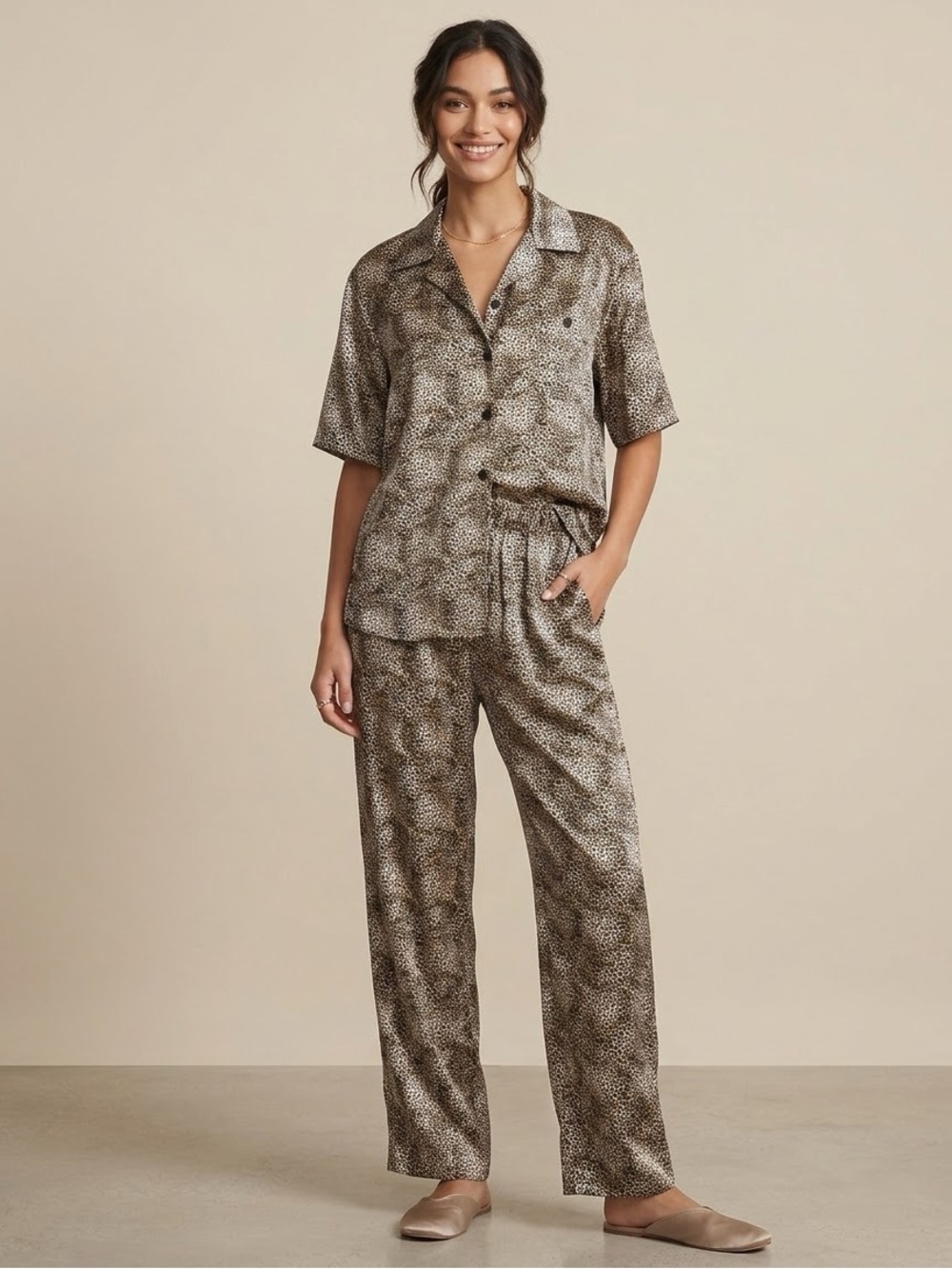 NWT Stafford Women 100% Silk Satin Top And Pants Pajamas Set Animal Prints Sz M